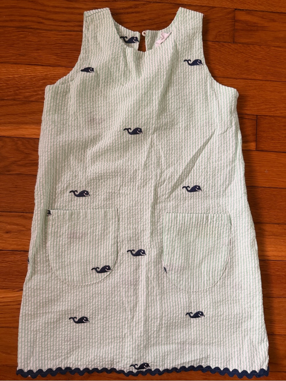 Girls' Light Green Seersucker Whale Pocket Dress